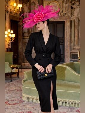 Zara Black Tuxedo V‑Neck Midi Dress with Belt and Front Slit Kentucky Derby 🐎